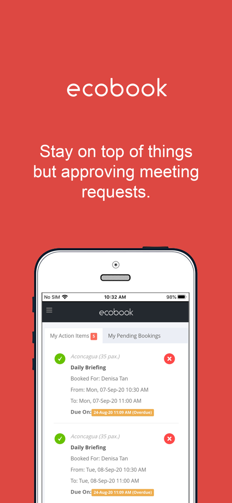ecobook - Room & Desk Booking - Ecobook App-Bildschirm zeigt eine Liste von Meeting-Anfragen zur Genehmigung.