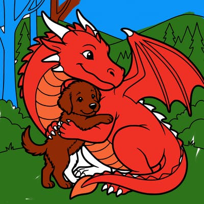 dragon and puppy huging