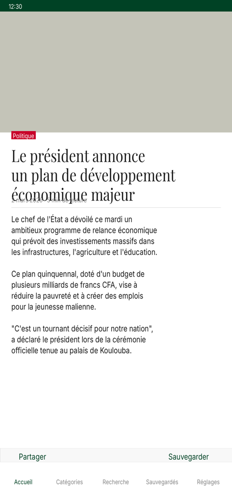 MaliActu.net - Interface of the MaliActu app displaying a political news article regarding an economic development plan in Mali.