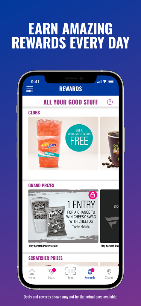The ampm mobile app rewards screen displaying free fountain drink clubs and grand prize entries for prizes like cheesy swag