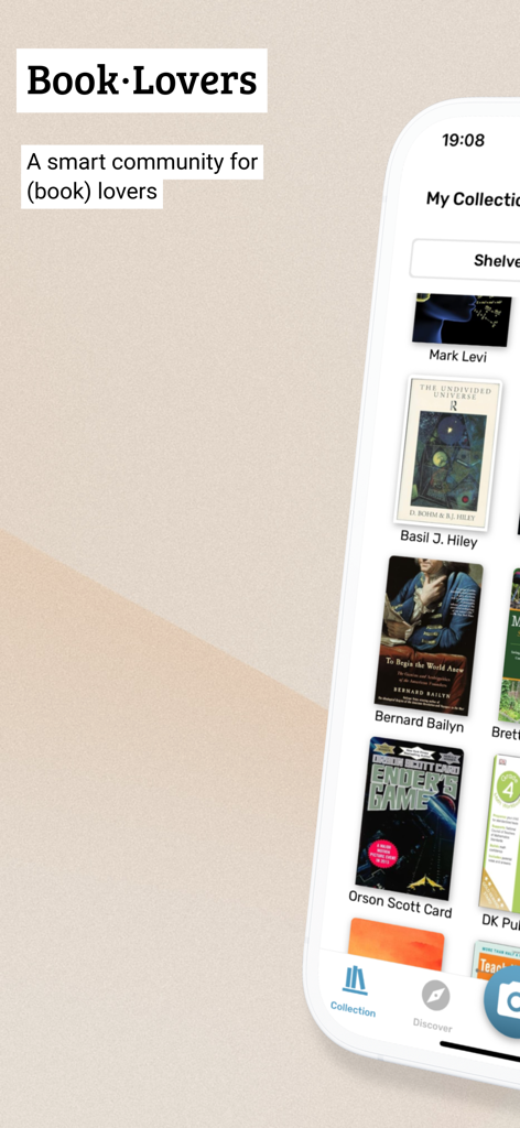 Screenshot dell'app Book Lover che mostra una collezione digitale personalizzata di libri con diverse copertine sullo schermo