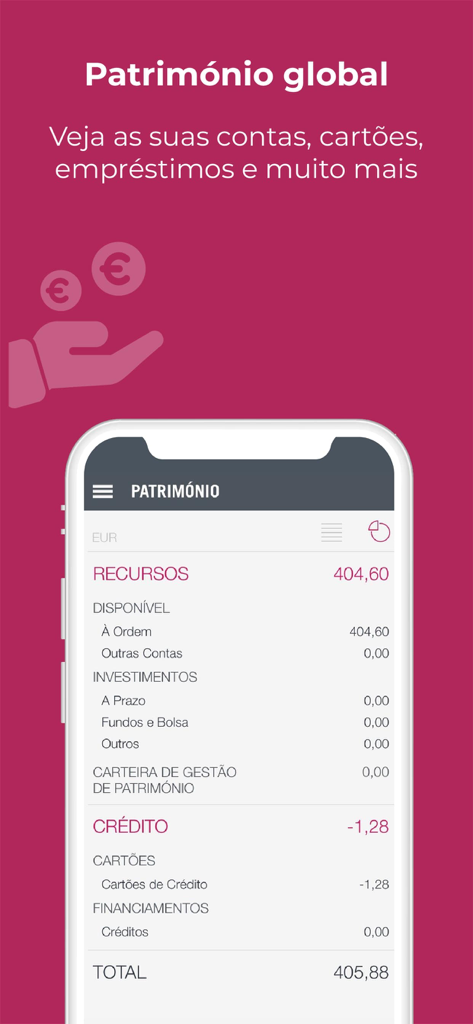 Millennium bcp M Empresas business banking app global assets dashboard displaying account balances and credit summary