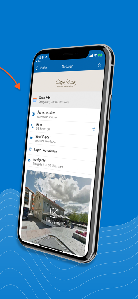 1881 Mobilsøk - 1881 Mobilsok 앱이 주소 및 연락처 옵션을 포함하여 노르웨이 레스토랑의 자세한 비즈니스 정보를 보여줍니다.