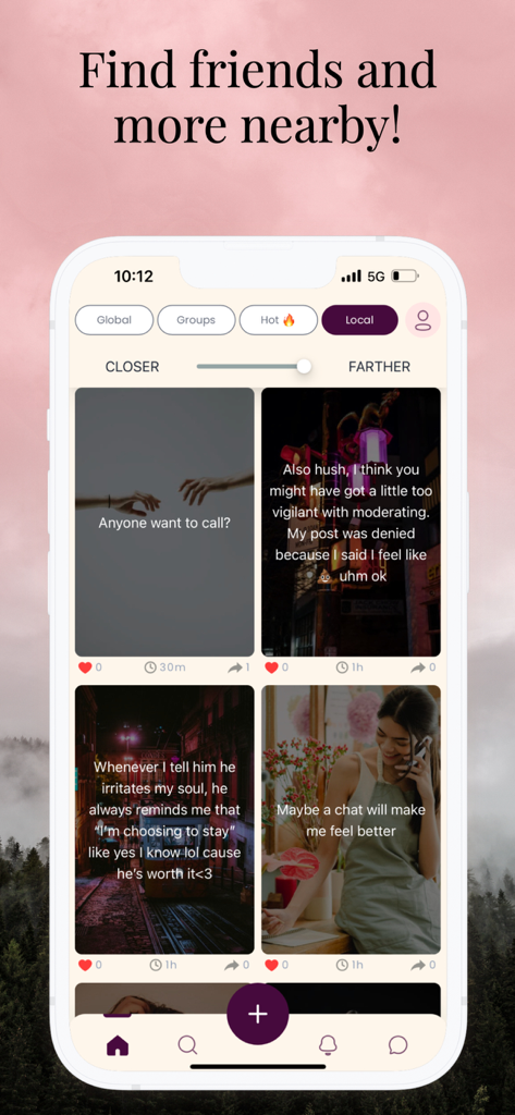 Hush – Express Freely - Hush app interface showing anonymous posts from people nearby with a distance filter slider.