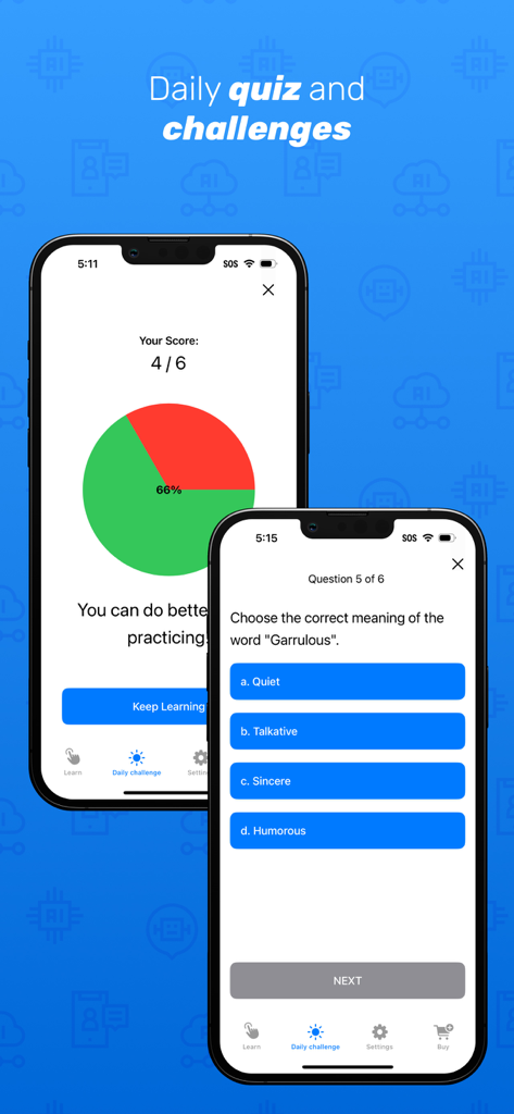 Vocabulary AI - Vocab Builder - Schermata del quiz di vocabolario giornaliero con domande a scelta multipla e risultati delle prestazioni.