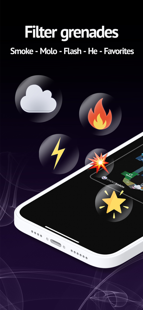 Smoke Baron - CS2 Nade Guide - Interface de l'application Smoke Baron montrant les options de filtre pour fumigène molotov flash et grenades HE dans Counter Strike 2