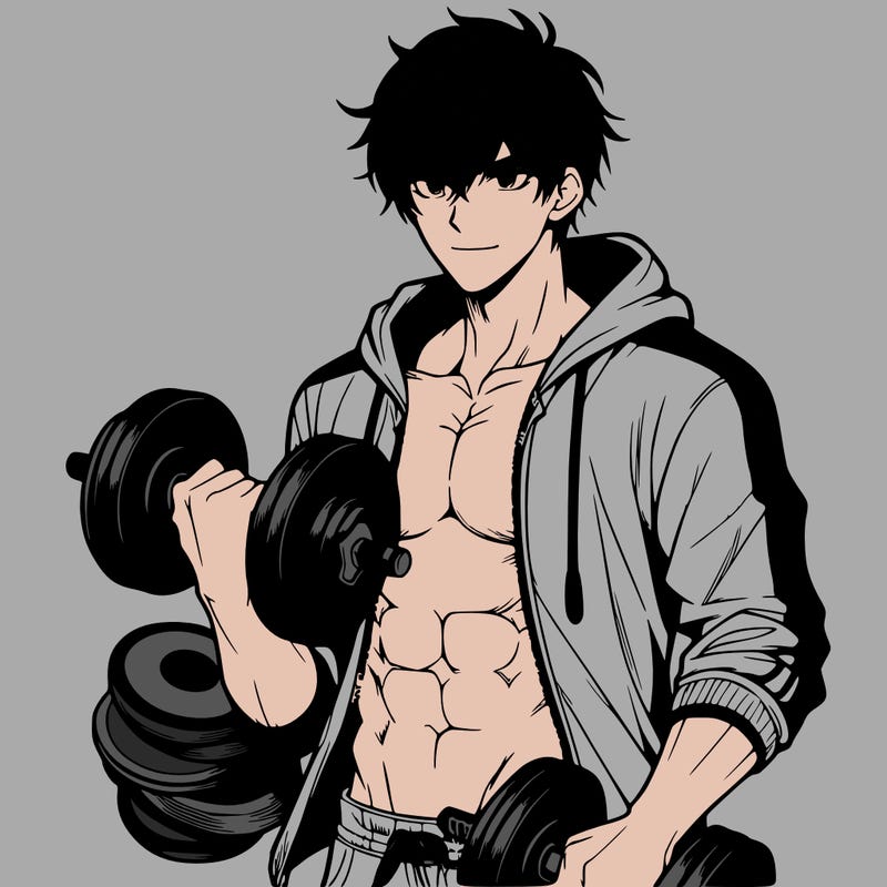 handsome muscular guy with hoodie anime holding dumbbells