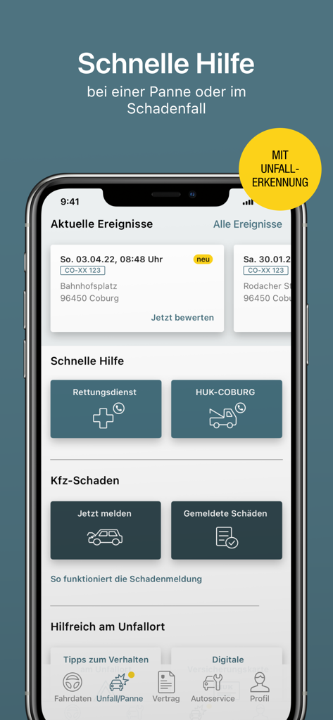 Interfaccia dell'app HUK Mein Auto che mostra opzioni di aiuto di emergenza, rilevamento incidenti e pulsanti per la segnalazione di sinistri assicurativi auto