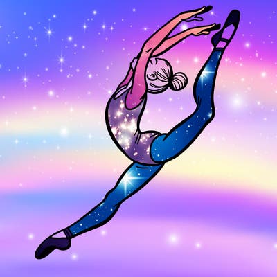 gymnast doing a leap in a leotard with a bent back leg