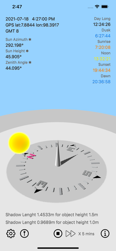 Sun Calculator app interface displaying 3D sun position solar azimuth and shadow length calculations