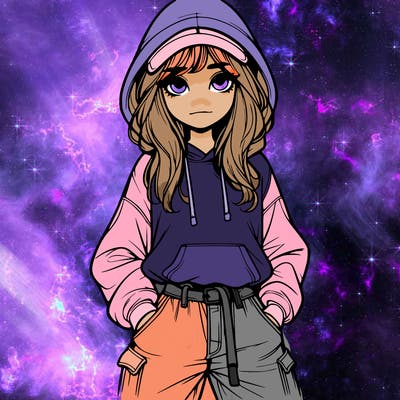 realistic girl with baggy jeans, a hoodie and hat long hair