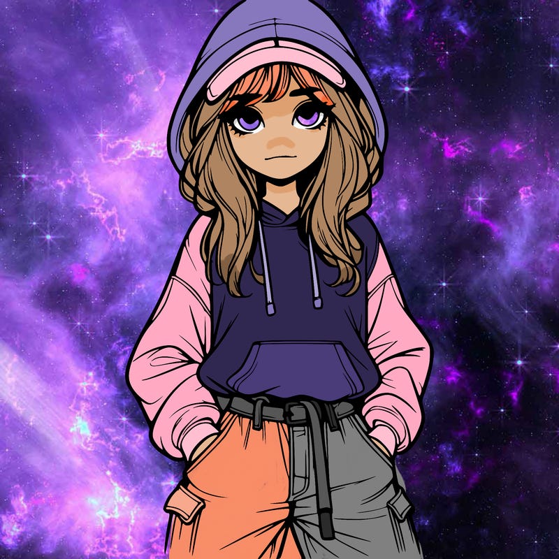 realistic girl with baggy jeans, a hoodie and hat long hair
