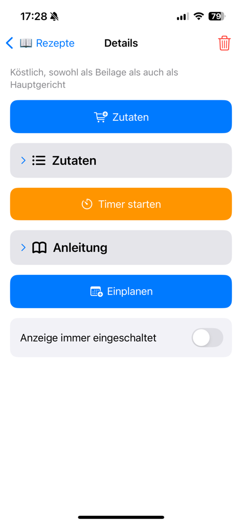 Mealie Recipes - Mobile interface of Mealie Recipes showing recipe details with buttons for ingredients, instructions, and starting a timer