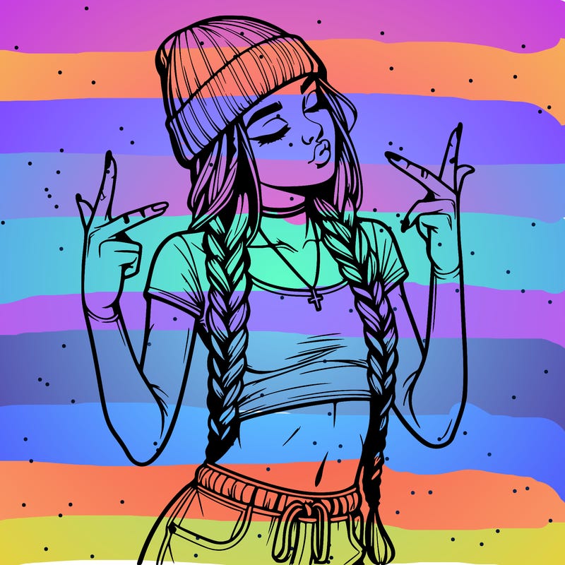 realistic teenage girl with braids and a beanie and crop top doing 🫶🏼