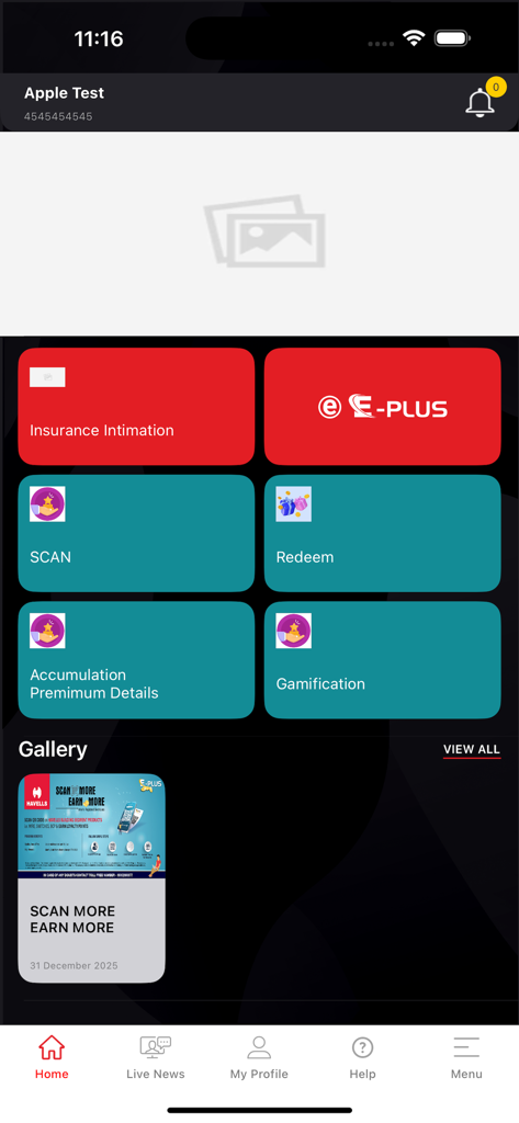 Havells EPLUS app dashboard showing loyalty reward features including scan and redeem options
