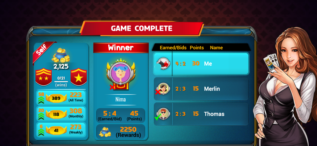 Callbreak Multiplayer Crd Game - Game complete screen of Callbreak Multiplayer card game showing the winner and player ranking points