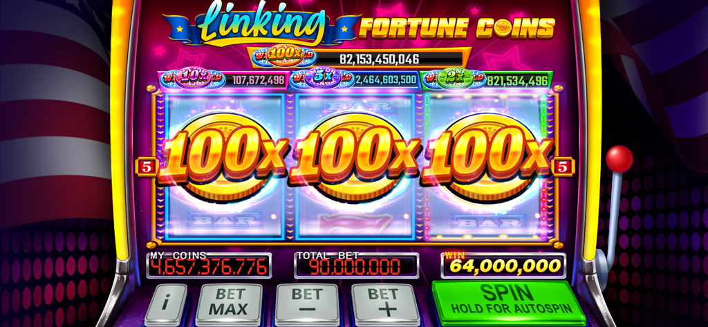 Gameplay screenshot of Ignite Classic Slots showing three 100x multipliers on a classic slot machine with a Fortune Coins jackpot.