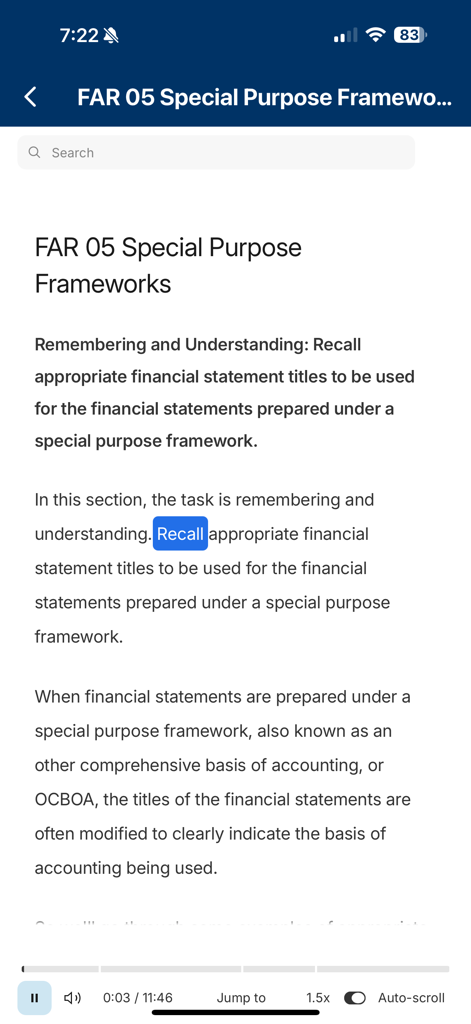 SuperfastCPA - A mobile view of the SuperfastCPA app showing FAR exam study notes with an integrated audio player for on the go learning