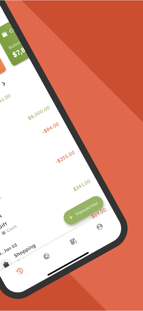 Interfaz móvil de la aplicación myMoney Finance que muestra una lista de transacciones de ingresos y gastos