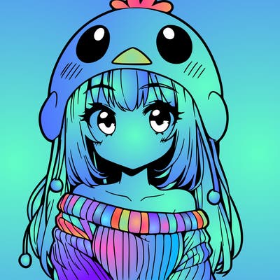 anime girl with chick shaped hat with sweater with bare shoulders with bangs covering them one eye with low tail