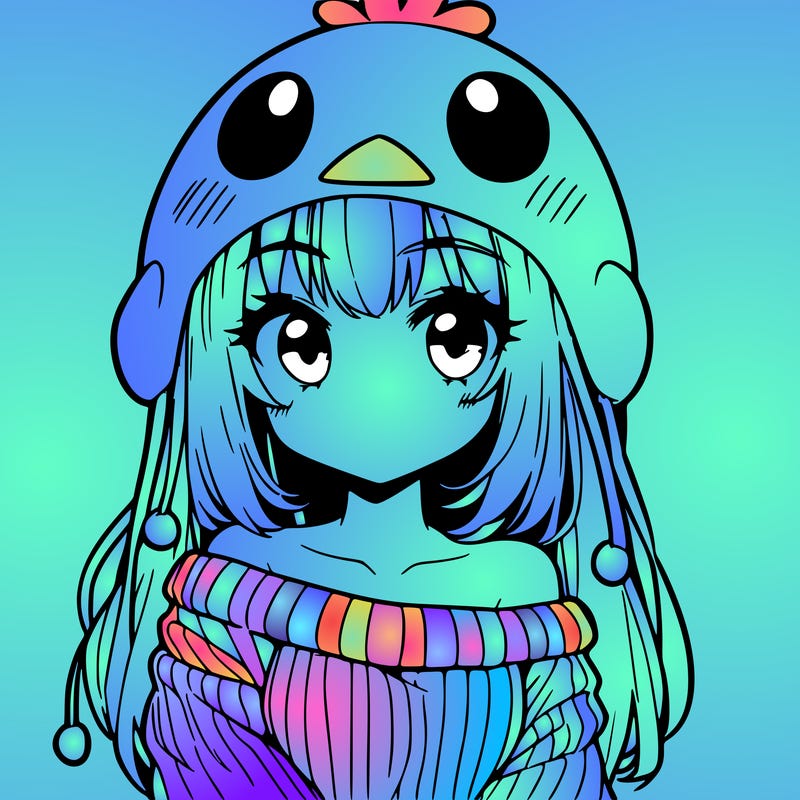 anime girl with chick shaped hat with sweater with bare shoulders with bangs covering them one eye with low tail