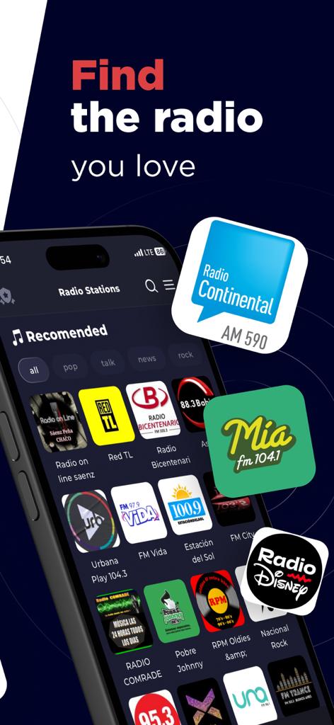 Radio Argentina Online - Un smartphone affichant l'application Radio Argentine en Ligne avec une variété de logos de stations de radio argentines recommandées et le texte Trouvez la radio que vous aimez.