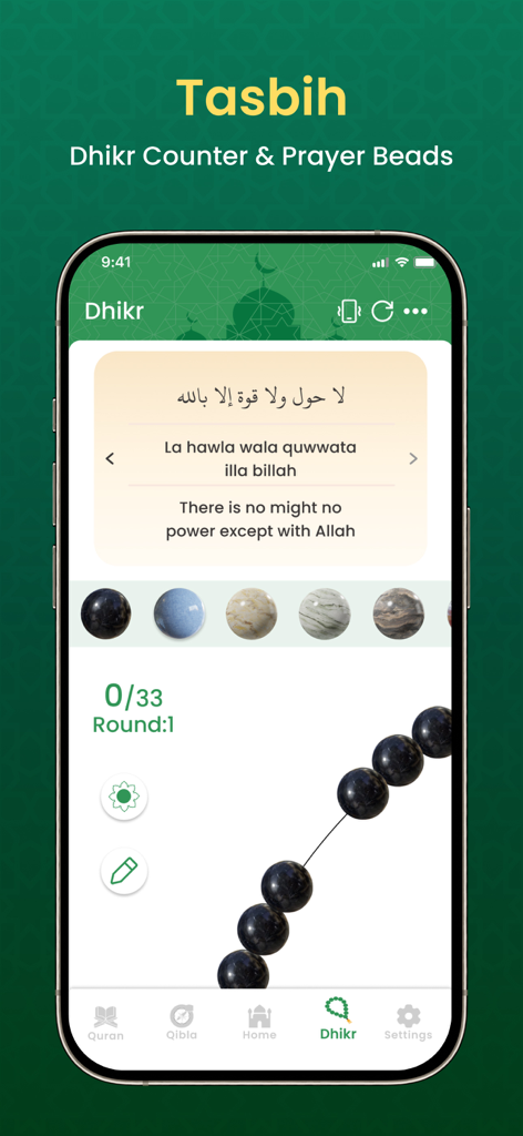 Digital Tasbih and Dhikr counter with prayer beads in the Muslim App