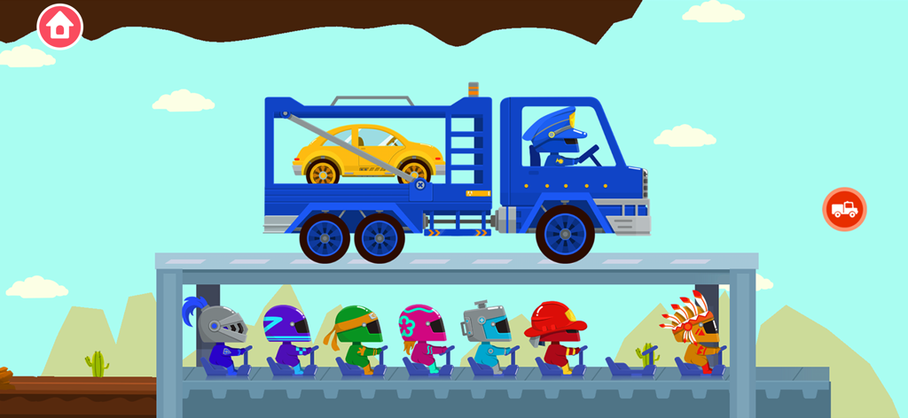 Un camion porte-voiture bleu transportant une voiture jaune au-dessus d'une rangée de personnages portant des casques colorés