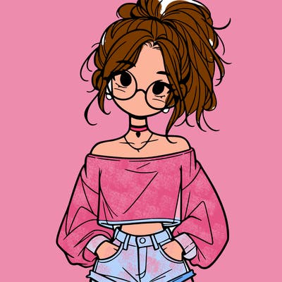 girl with a messy ponytail glasses a baggy crop top and jean shorts