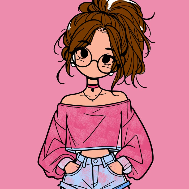 girl with a messy ponytail glasses a baggy crop top and jean shorts
