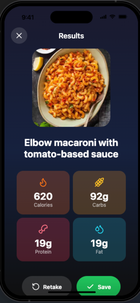 Mahlzeiten-Scan-Ergebnisse in Macros Snap, die Kalorien und Makroaufschlüsselung für eine Schüssel Makkaroni-Nudeln anzeigen.