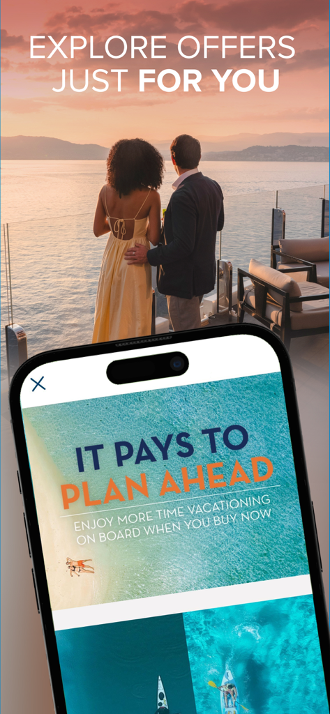 A couple enjoying a sunset view from a luxury cruise deck alongside a smartphone displaying personalized travel offers