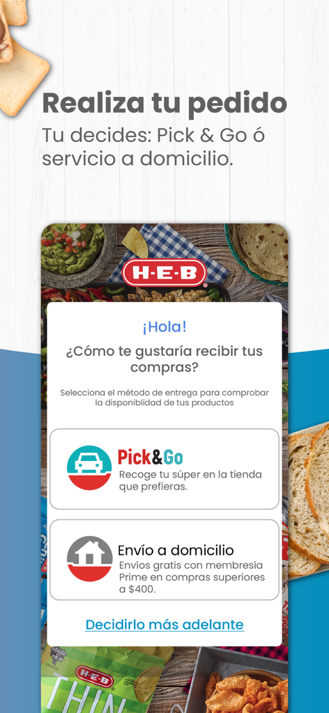 Interfaz de la app mi H-E-B mostrando opciones para servicios de Pick and Go y entrega a domicilio.