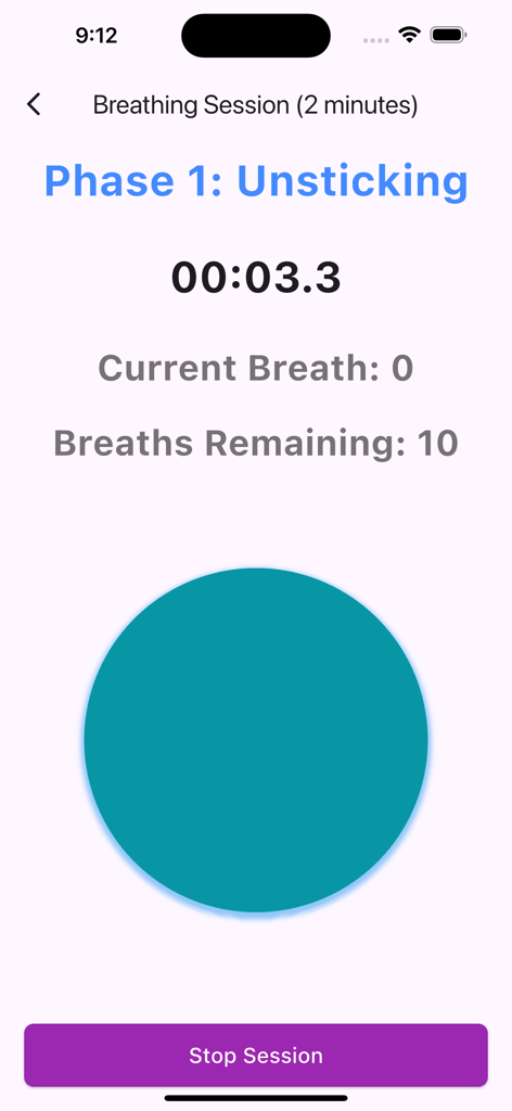 Interfaz del temporizador de sesión de respiración que muestra la Fase 1 Despegue