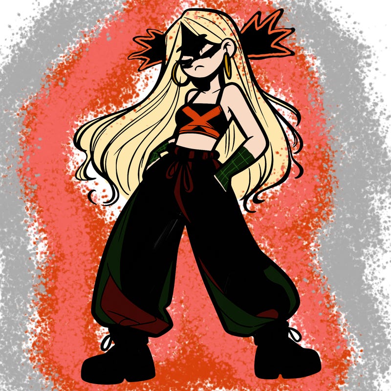 girl in baggy pants crop top and long hair