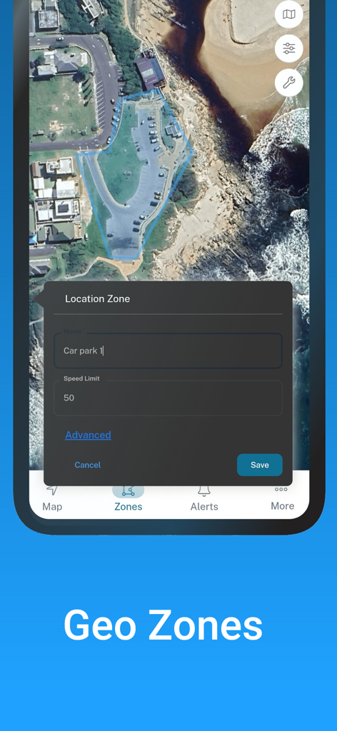 Satellite map view showing a geofence setup and location zone details in the GPS Monitor Plus app