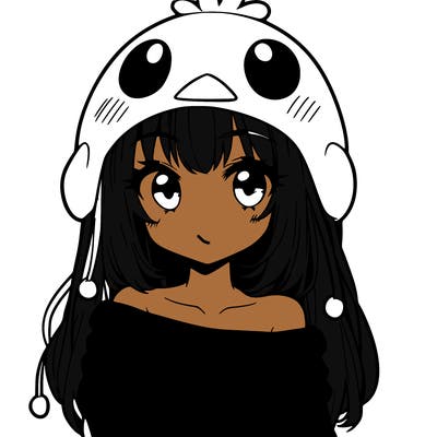 anime girl with chick shaped hat with sweater with bare shoulders with bangs covering them one eye with low tail