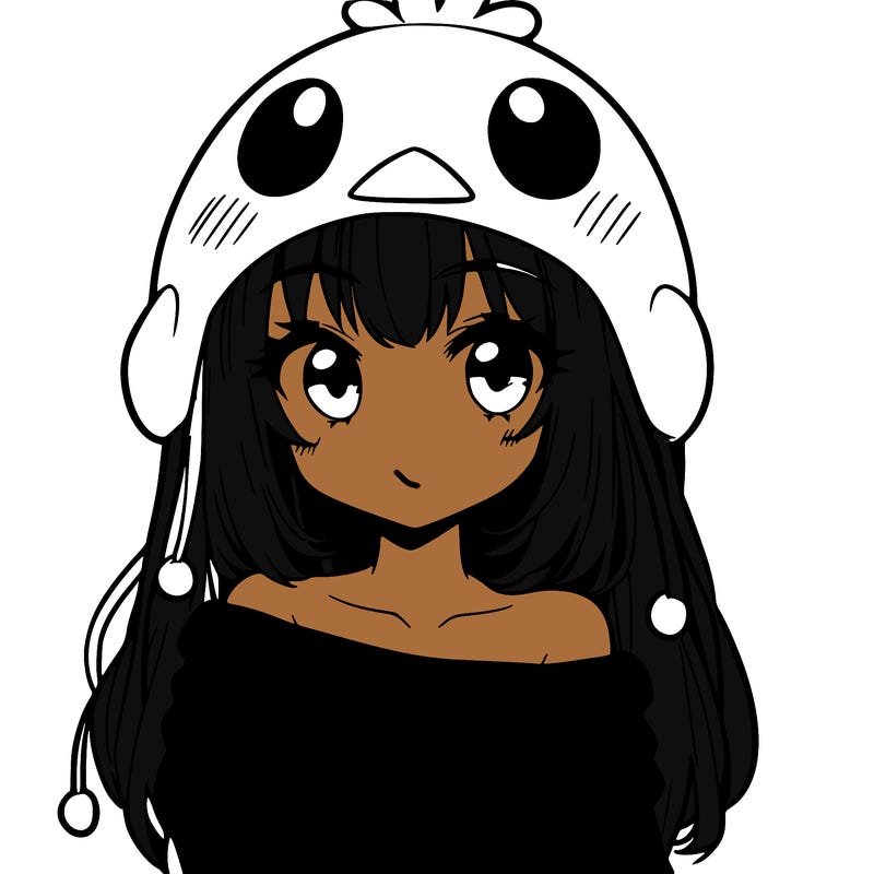 anime girl with chick shaped hat with sweater with bare shoulders with bangs covering them one eye with low tail