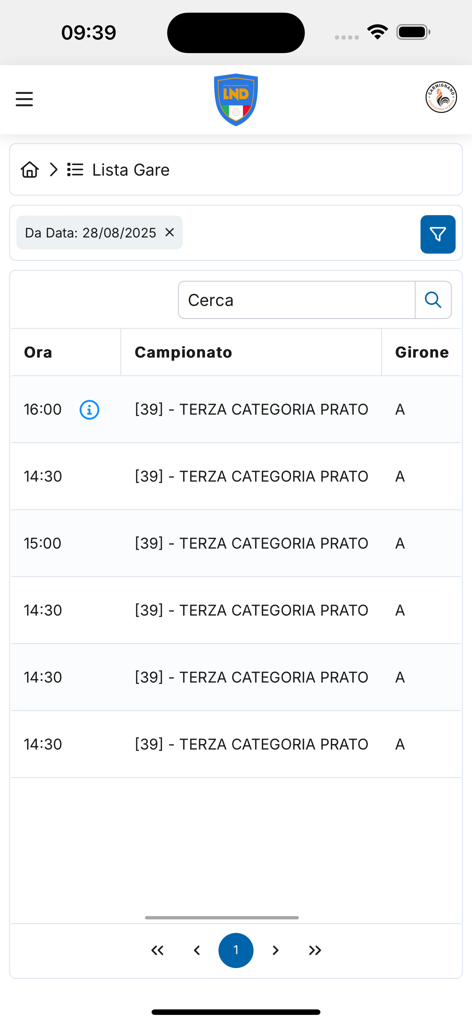 LND Portale Servizi - LND Portale Servizi app match list screen displaying soccer league schedules and division details