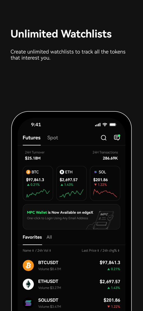 edgeX Mobile - edgeX Mobile app interface showing unlimited watchlists and real time cryptocurrency price tracking