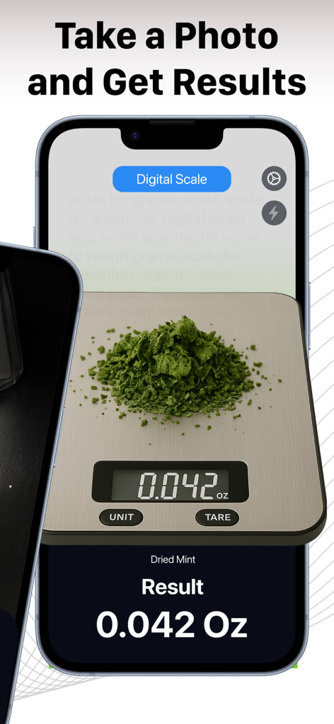 Scale For Grams: Digital Scale - デジタルスケールアプリが乾燥ミントのAI重量結果を表示