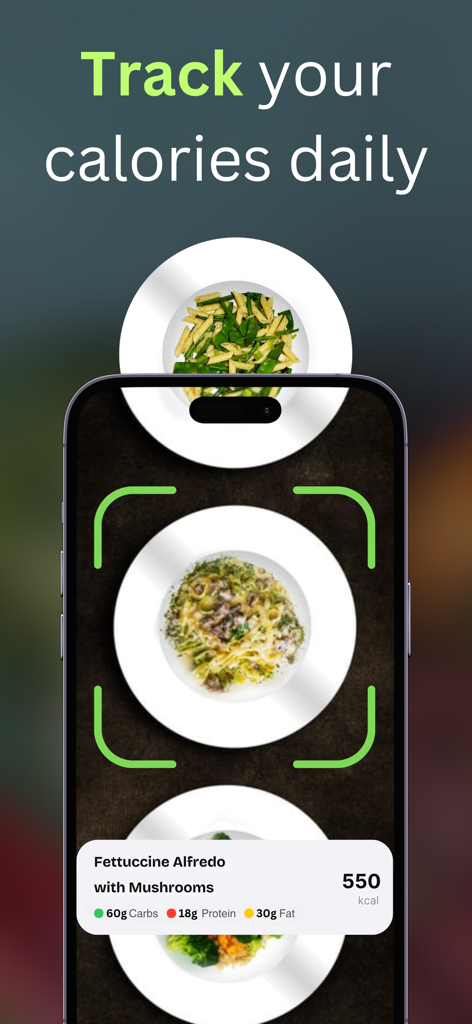 Food Calorie Tracker AI: Foodr - AI food scanner interface showing calorie and macro tracking for a pasta dish.