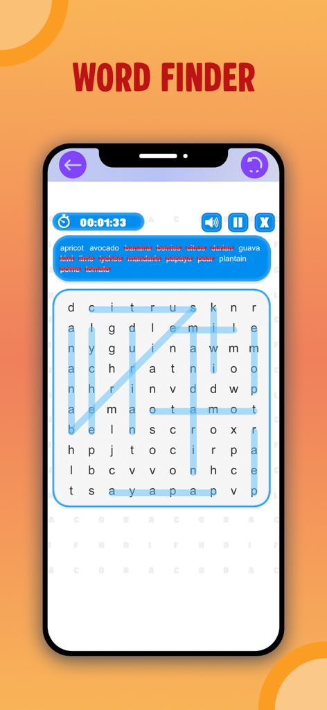 No Wifi Games: Play offline - 과일 테마의 글자 그리드가 있는 모바일 기기에서 와이파이 없이 즐기는 게임의 단어 검색 퍼즐 게임 인터페이스