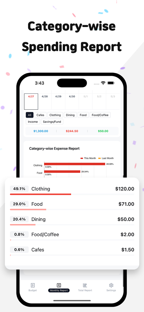 MoneyLog: Budget & Expense - Pantalla de informe de gastos de la aplicación MoneyLog que muestra gastos por categoría con porcentajes y montos