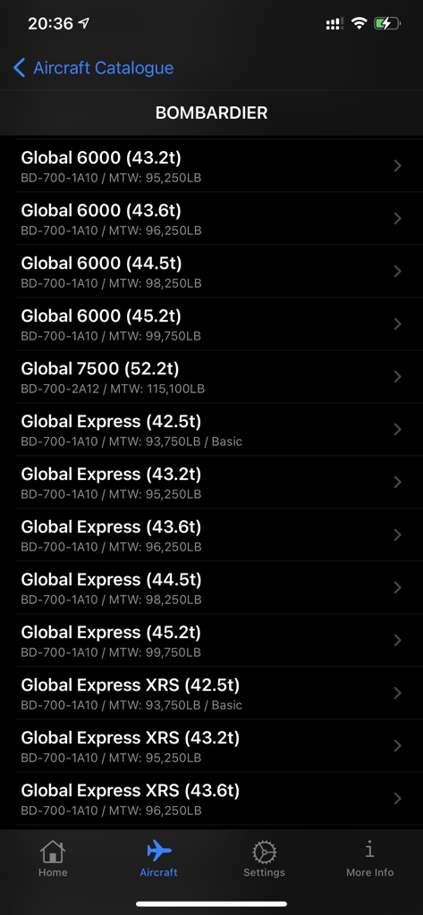 Bombardier aircraft catalogue showing Global series models and weights