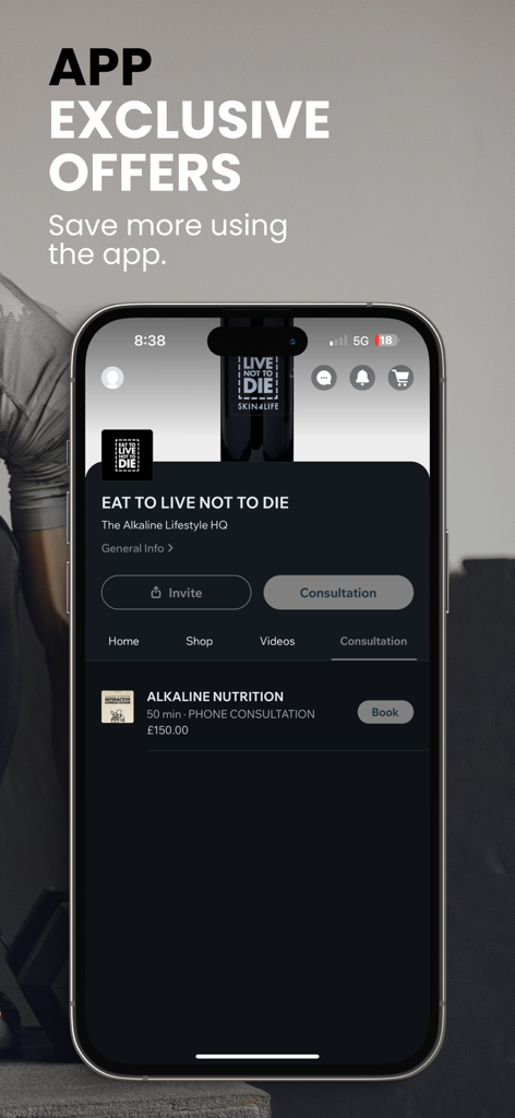 EAT TO LIVE NOT TO DIE - Eat To Live Not To Die app consultation screen showing alkaline nutrition booking and exclusive offers