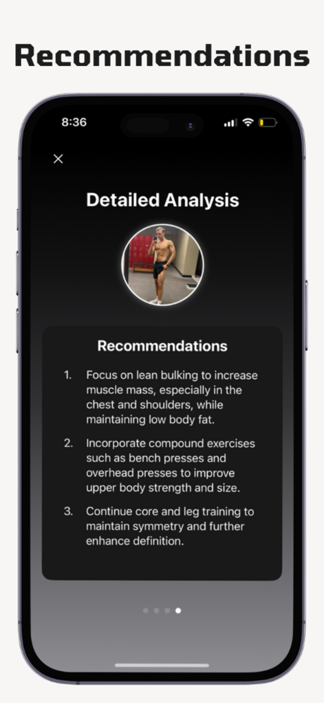 BodyScore app screen showing detailed analysis and personalized fitness recommendations.