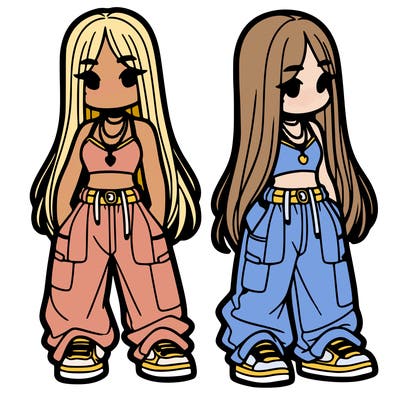 girl in baggy pants crop top and long hair