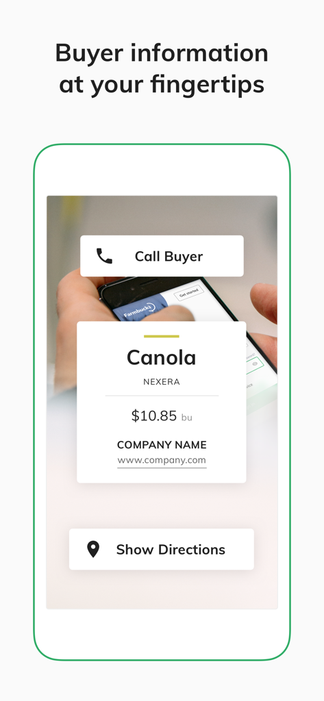 Farmbucks app showing grain buyer contact information and current canola prices