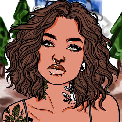 realistic woman with septum piercing and wavy hair and tattoos